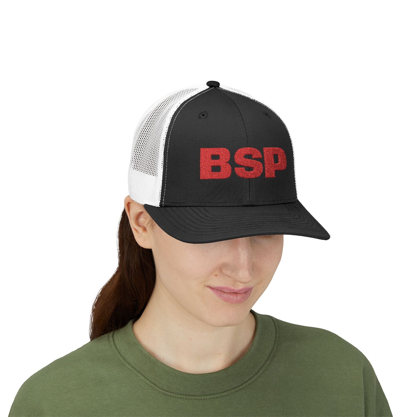 BSP Red Text Snapback Cap | Trucker Hat, Embroidered Lettering