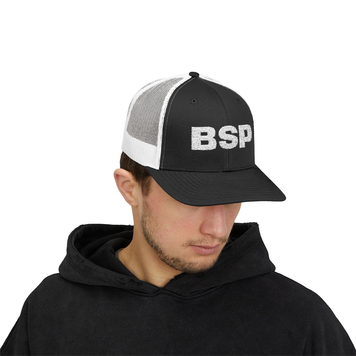 BSP Letters Snapback Cap | Red trucker hat, embroidered logo