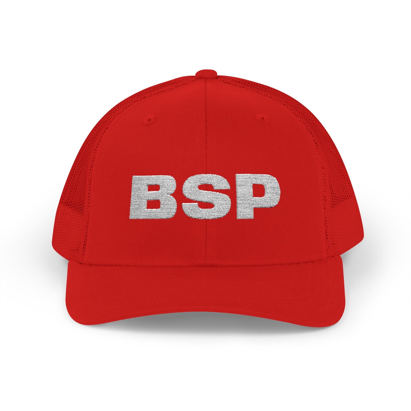 BSP Letters Snapback Cap | Red trucker hat, embroidered logo