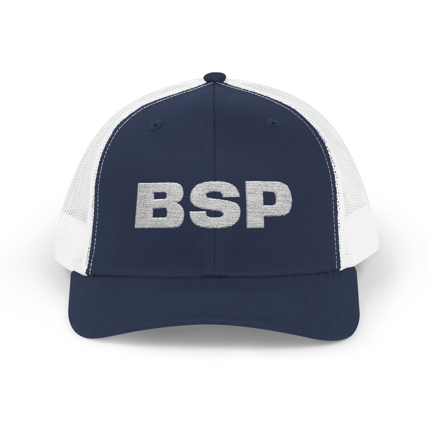 BSP Letters Snapback Cap | Red trucker hat, embroidered logo