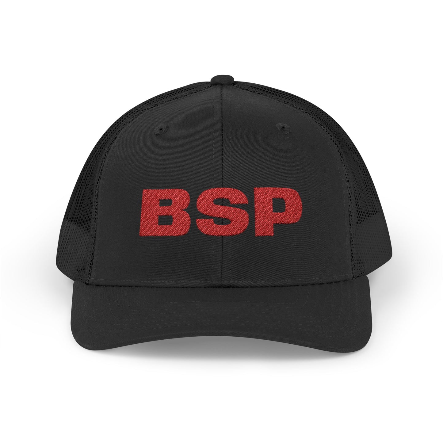 BSP Red Text Snapback Cap | Trucker Hat, Embroidered Lettering