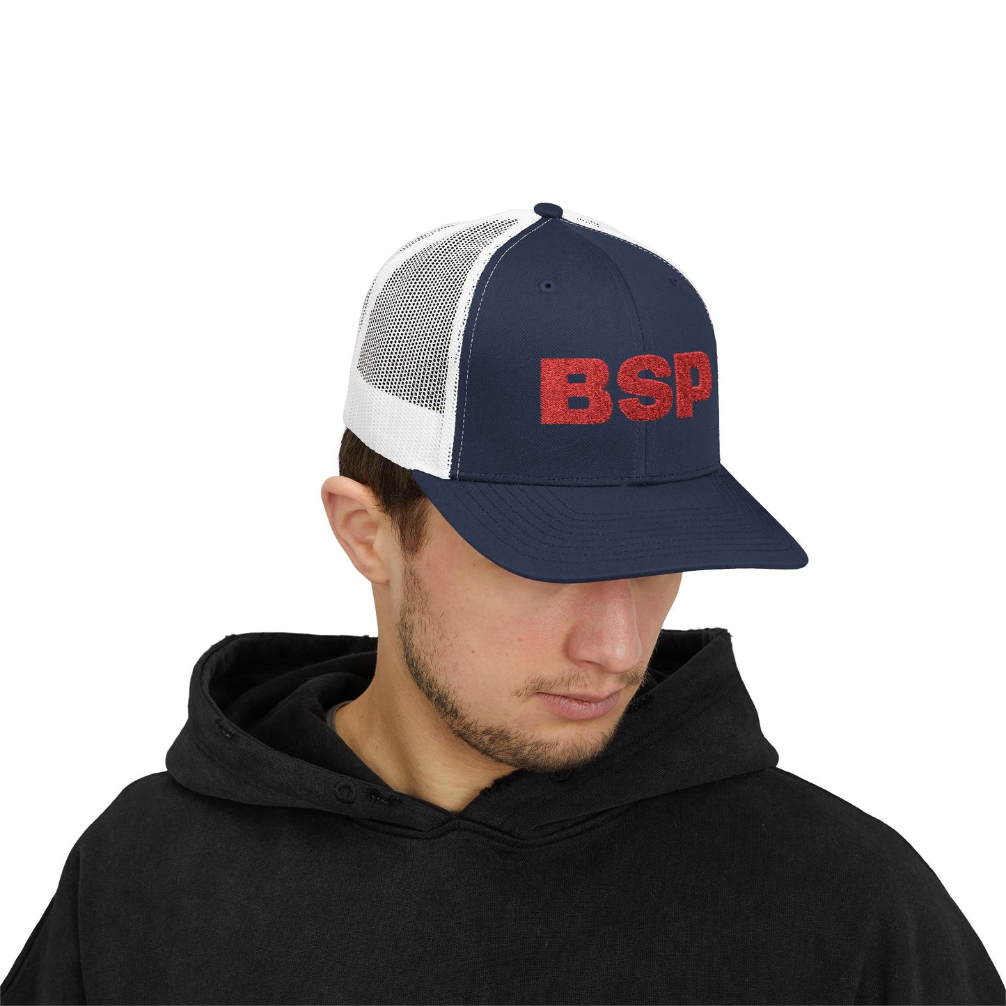 BSP Red Text Snapback Cap | Trucker Hat, Embroidered Lettering