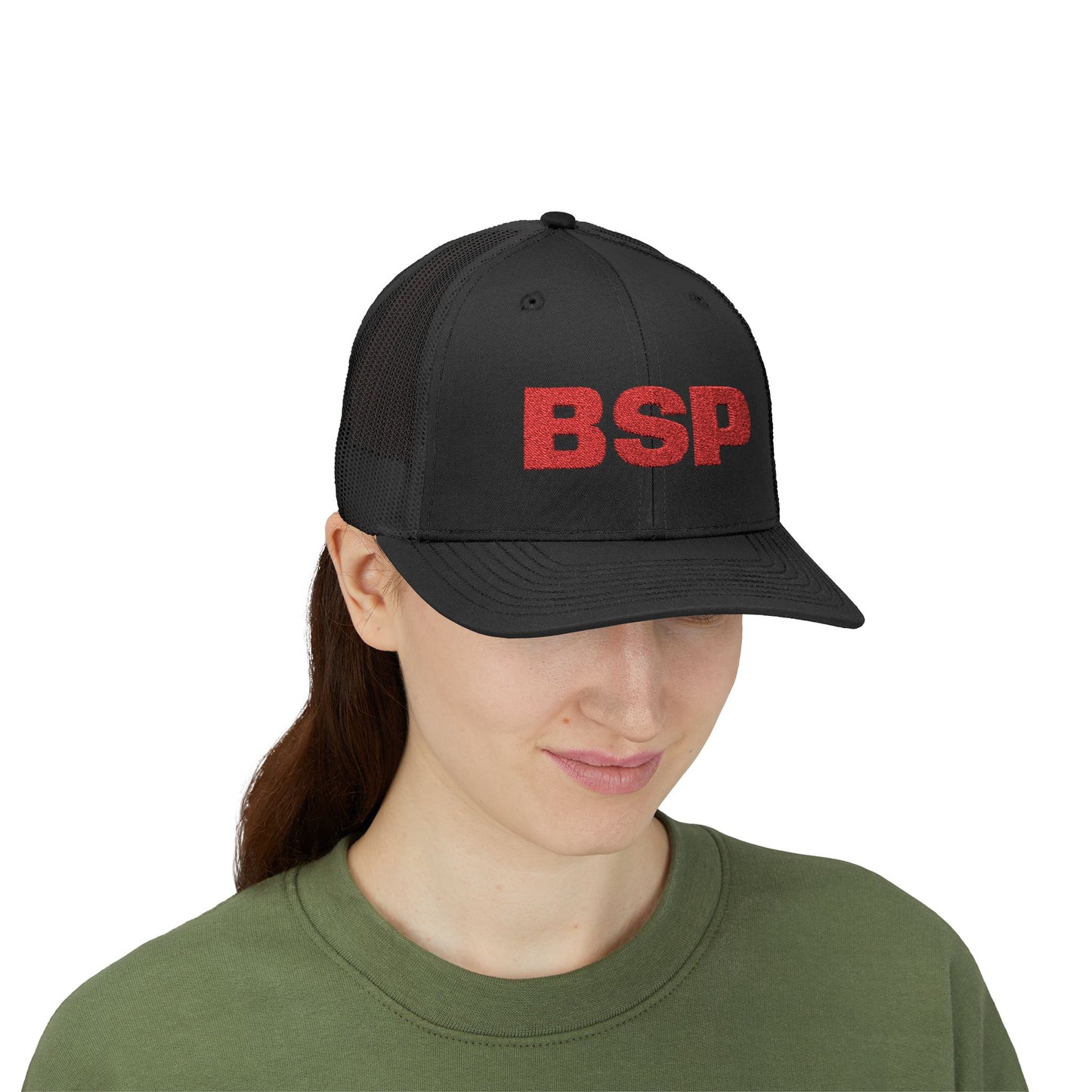 BSP Red Text Snapback Cap | Trucker Hat, Embroidered Lettering