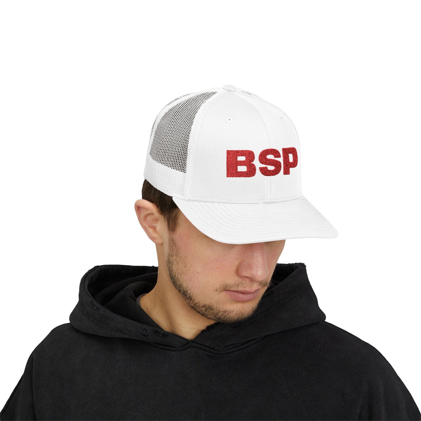 BSP Red Text Snapback Cap | Trucker Hat, Embroidered Lettering
