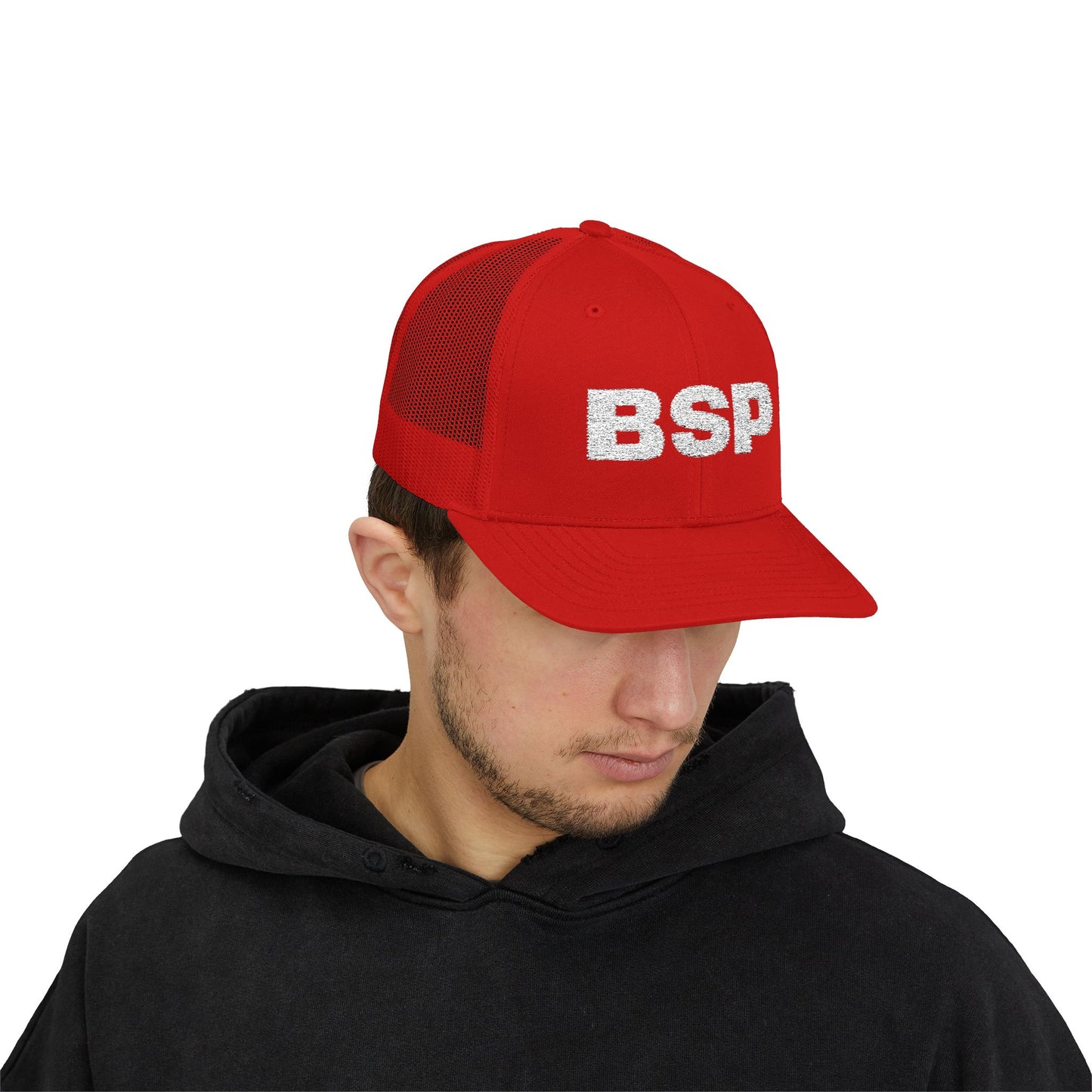 BSP Letters Snapback Cap | Red trucker hat, embroidered logo