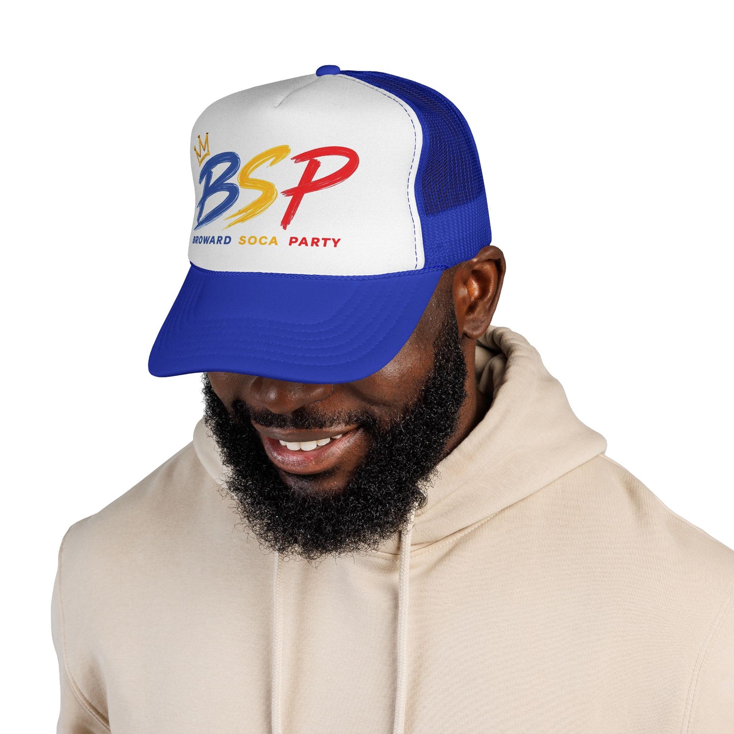 Trucker Cap — Broward Soca Party Blue, Gold, Red Logo Mesh Hat