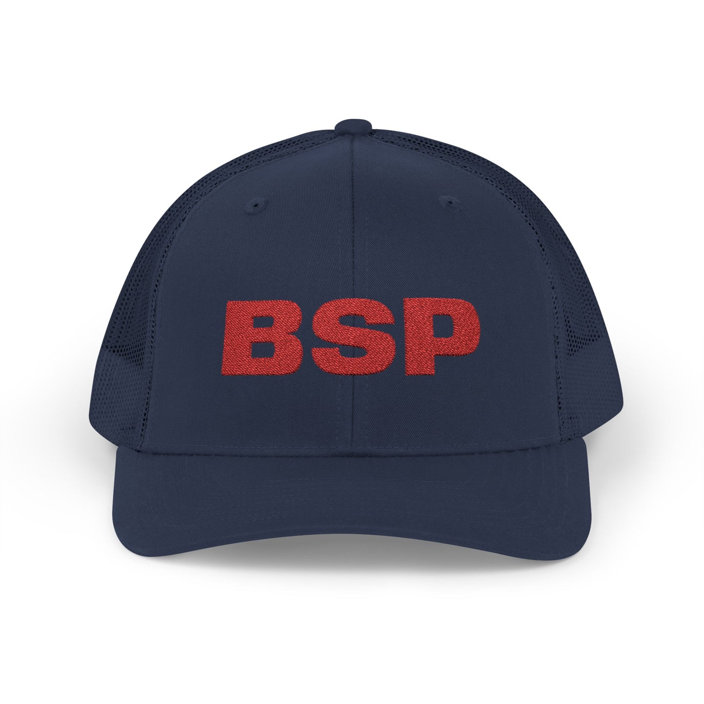 BSP Red Text Snapback Cap | Trucker Hat, Embroidered Lettering