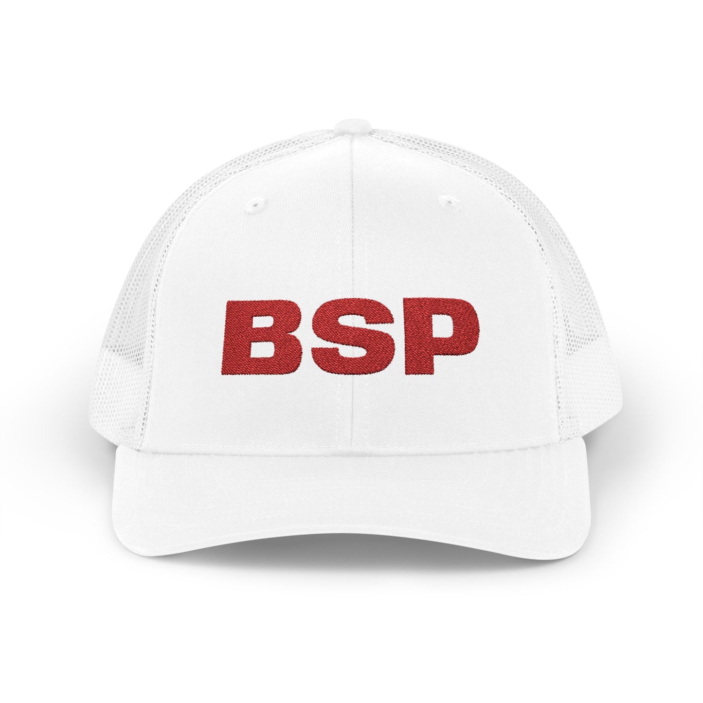 BSP Red Text Snapback Cap | Trucker Hat, Embroidered Lettering