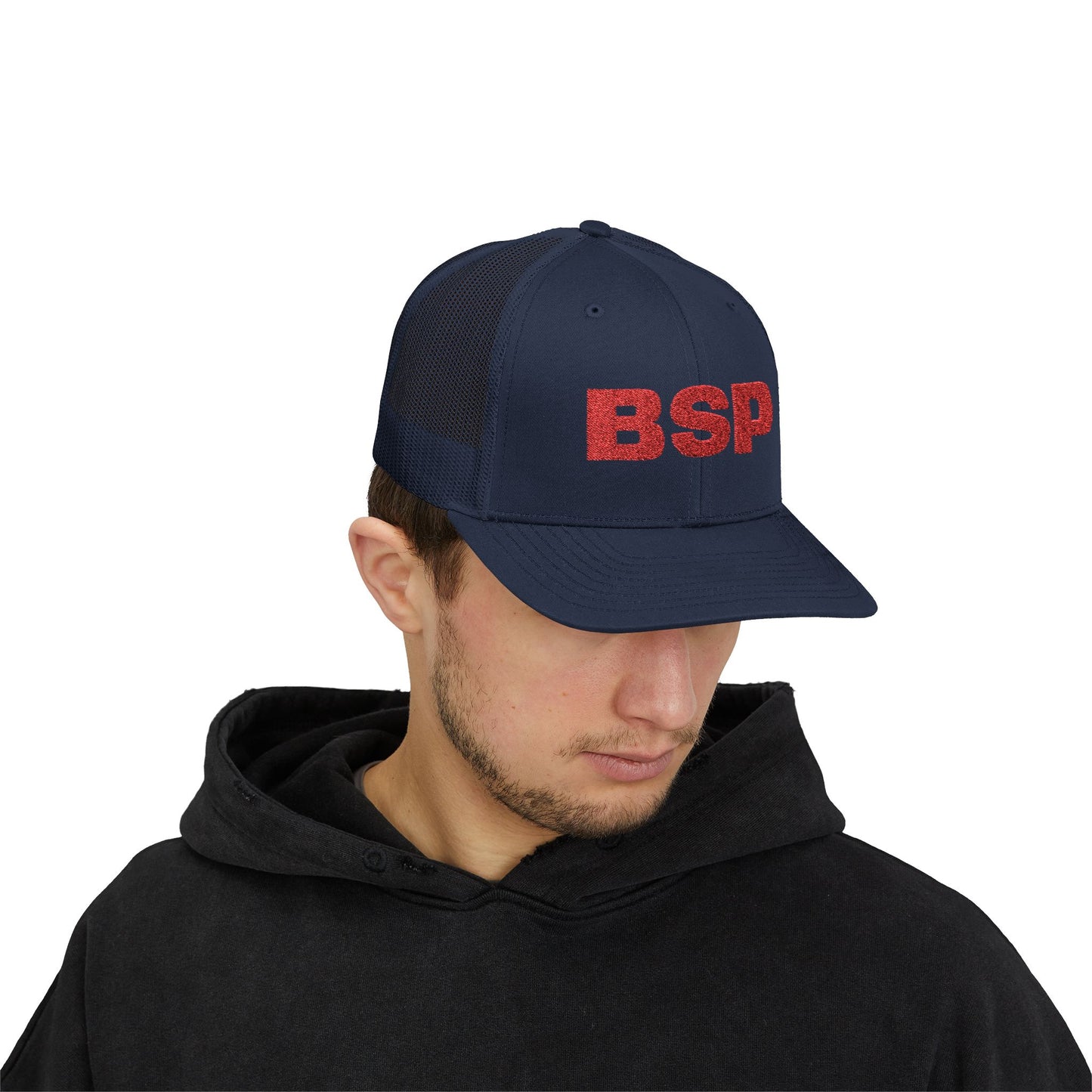 BSP Red Text Snapback Cap | Trucker Hat, Embroidered Lettering