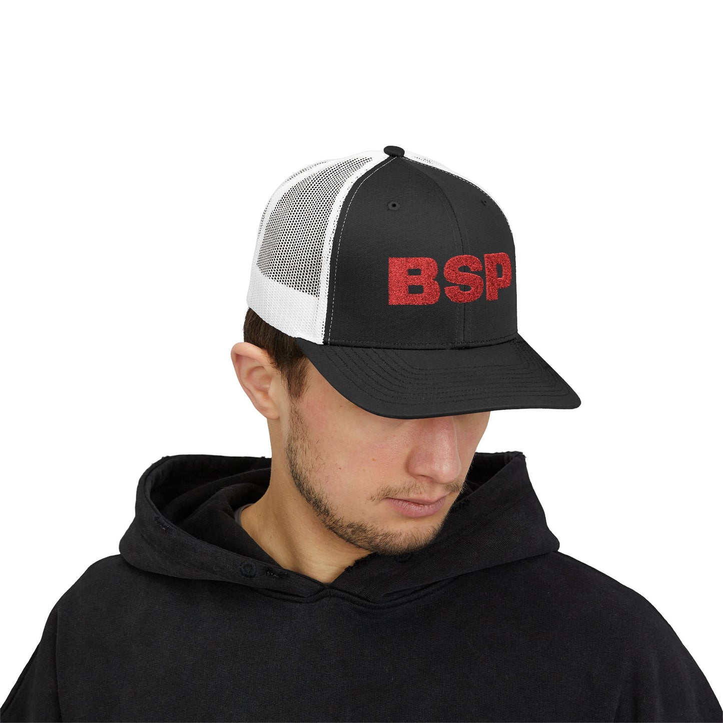 BSP Red Text Snapback Cap | Trucker Hat, Embroidered Lettering