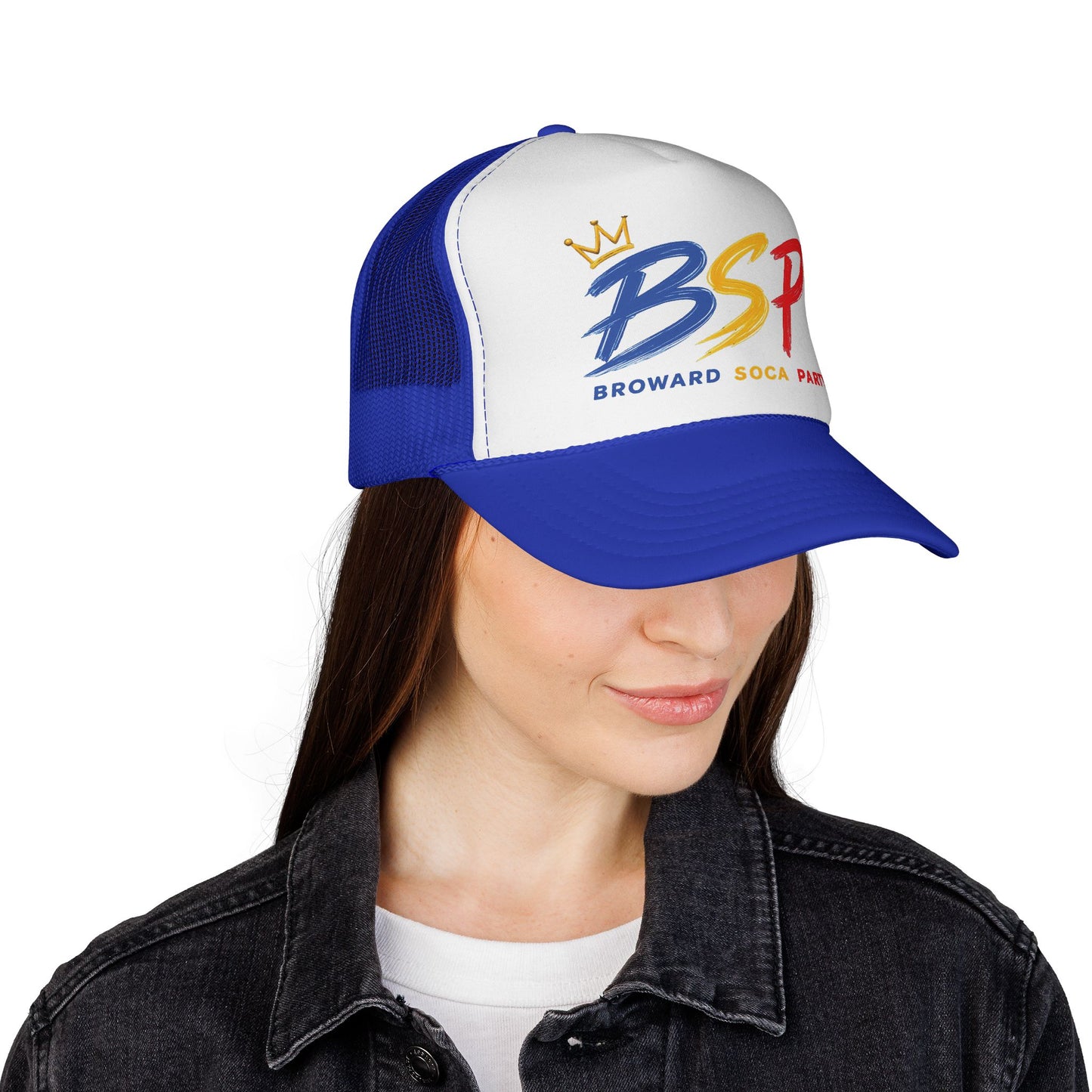Trucker Cap — Broward Soca Party Blue, Gold, Red Logo Mesh Hat