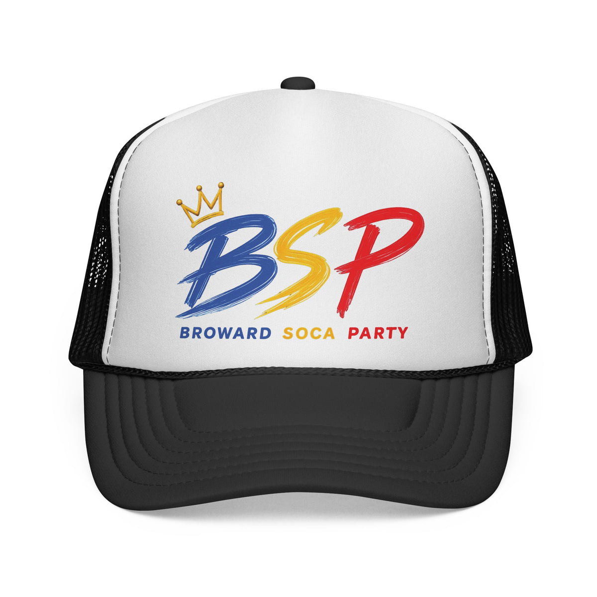 Trucker Cap — Broward Soca Party, Blue, Gold, Red Logo Mesh Hat