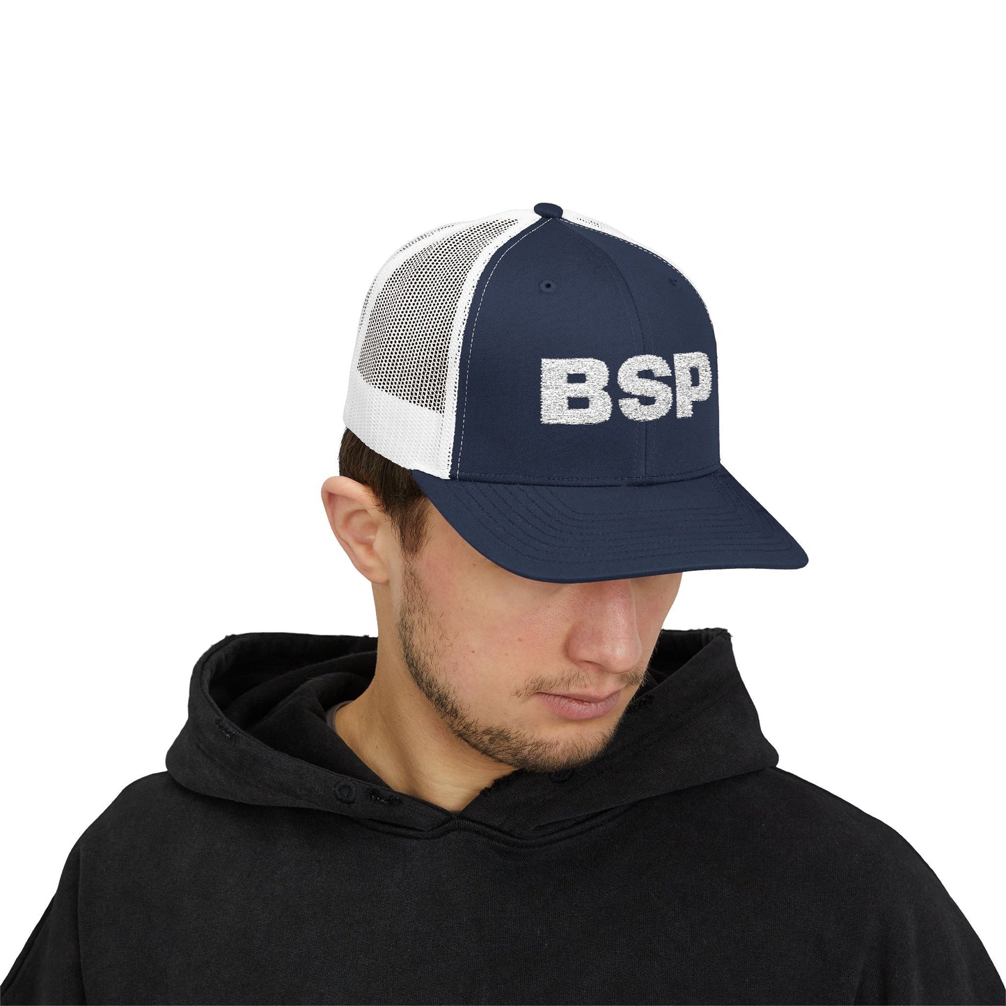 BSP Letters Snapback Cap | Red trucker hat, embroidered logo