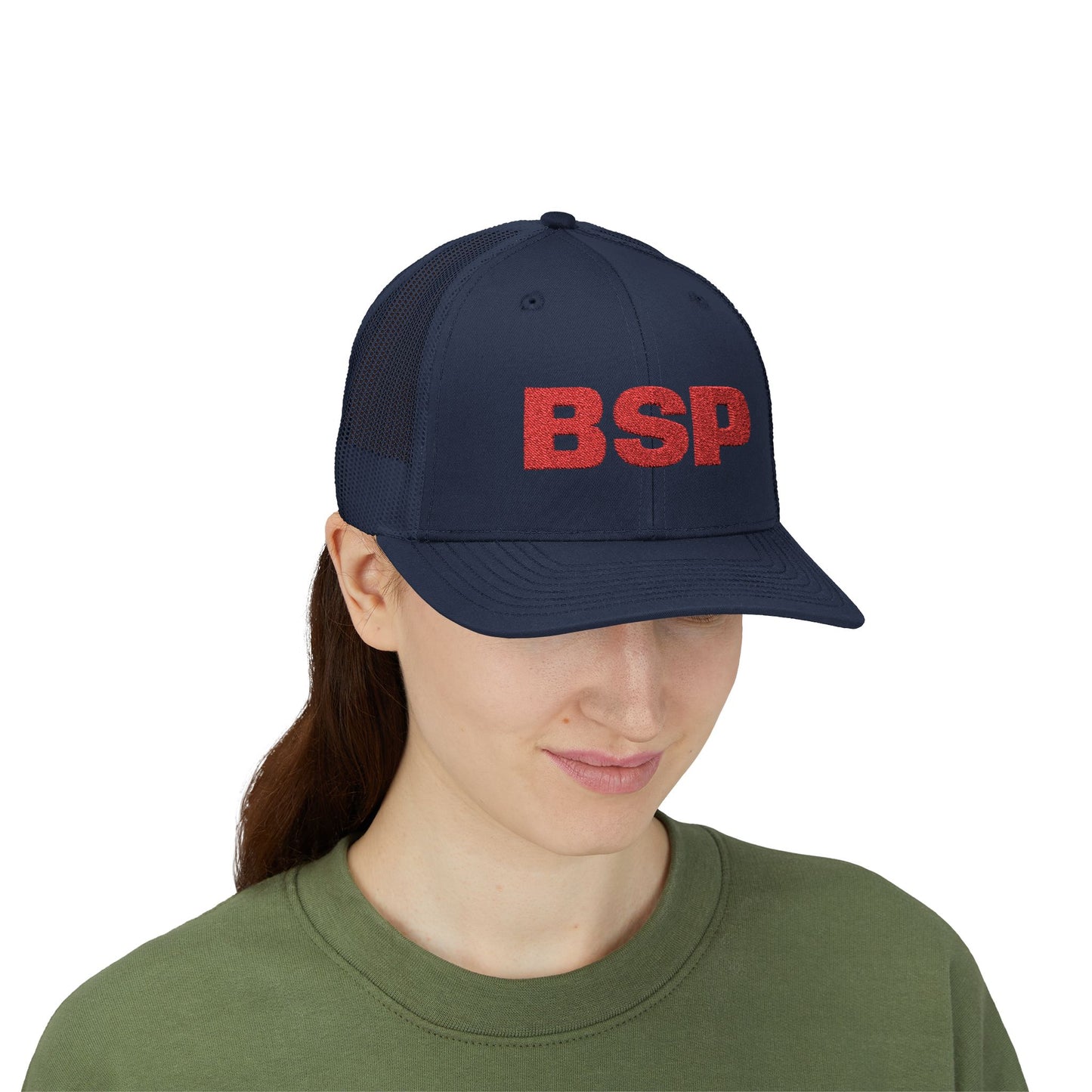 BSP Red Text Snapback Cap | Trucker Hat, Embroidered Lettering