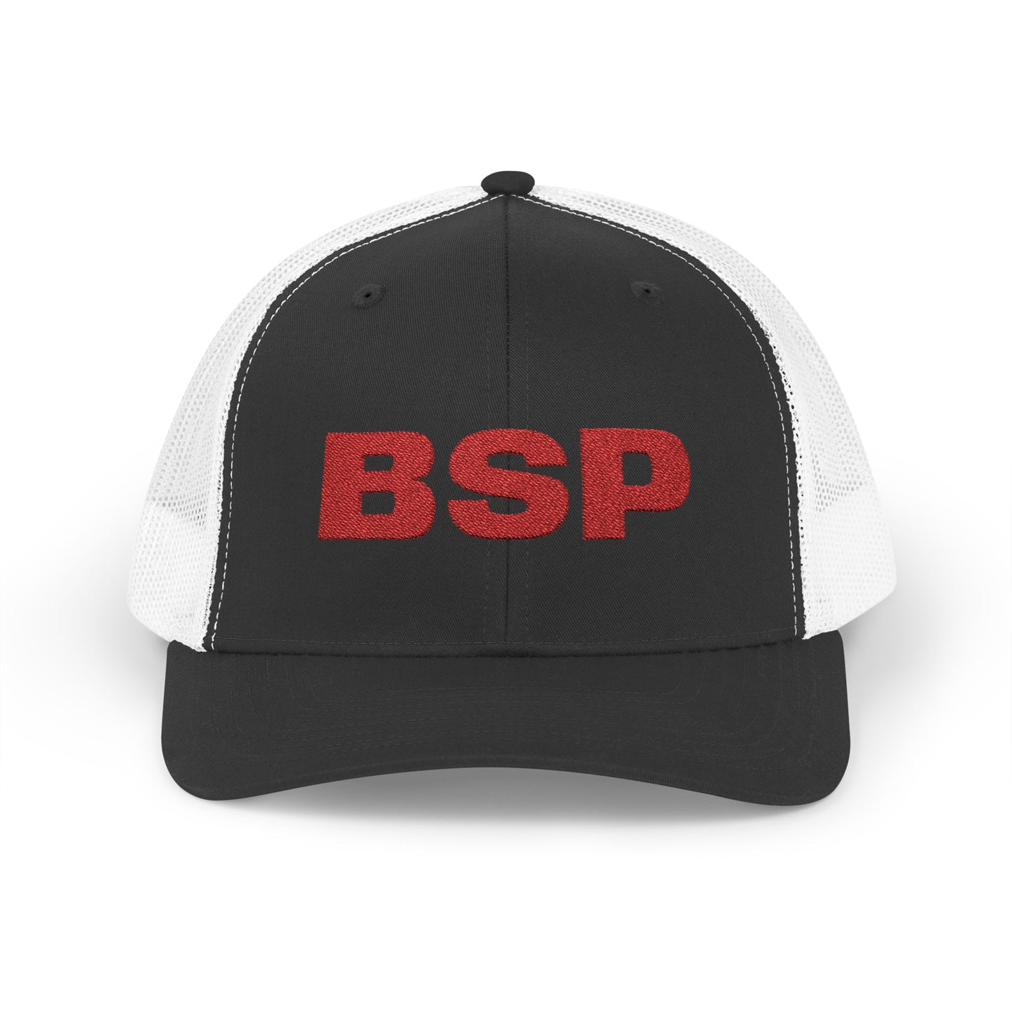 BSP Red Text Snapback Cap | Trucker Hat, Embroidered Lettering