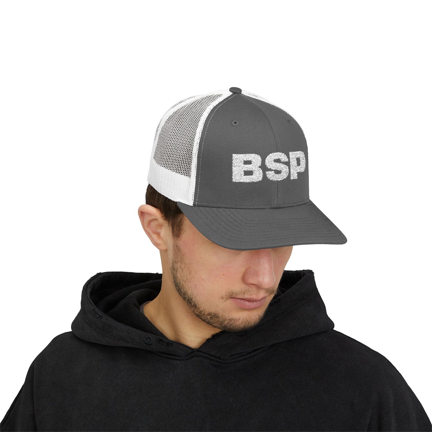 BSP Letters Snapback Cap | Red trucker hat, embroidered logo