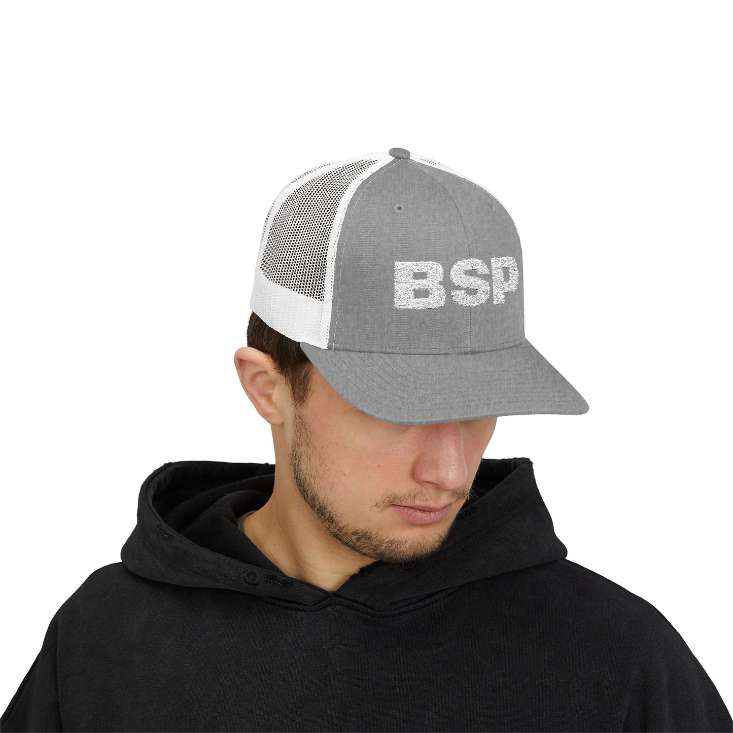 BSP Letters Snapback Cap | Red trucker hat, embroidered logo