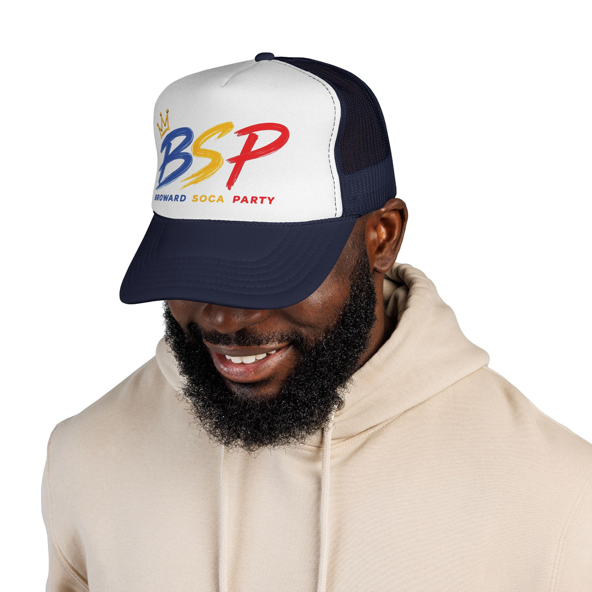 Trucker Cap — Broward Soca Party, Blue, Gold, Red Logo Mesh Hat