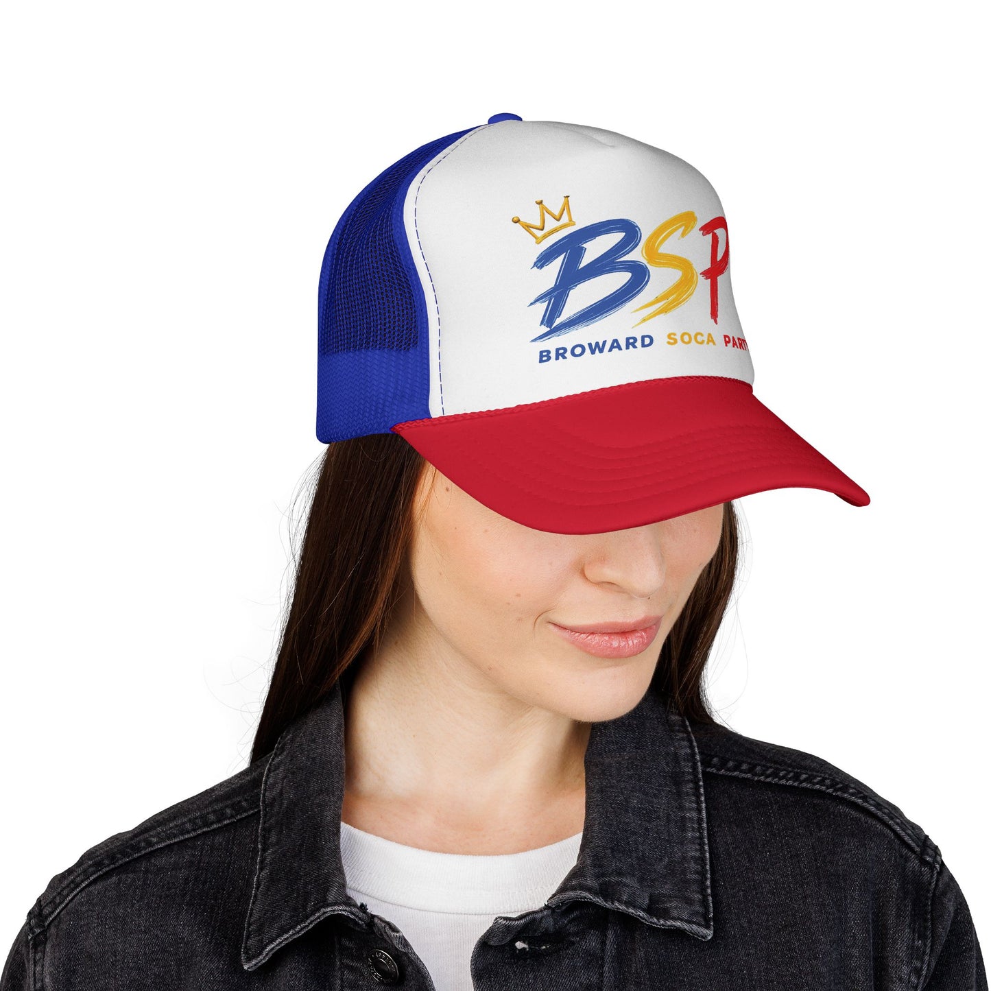 Trucker Cap — Broward Soca Party Blue, Gold, Red Logo Mesh Hat
