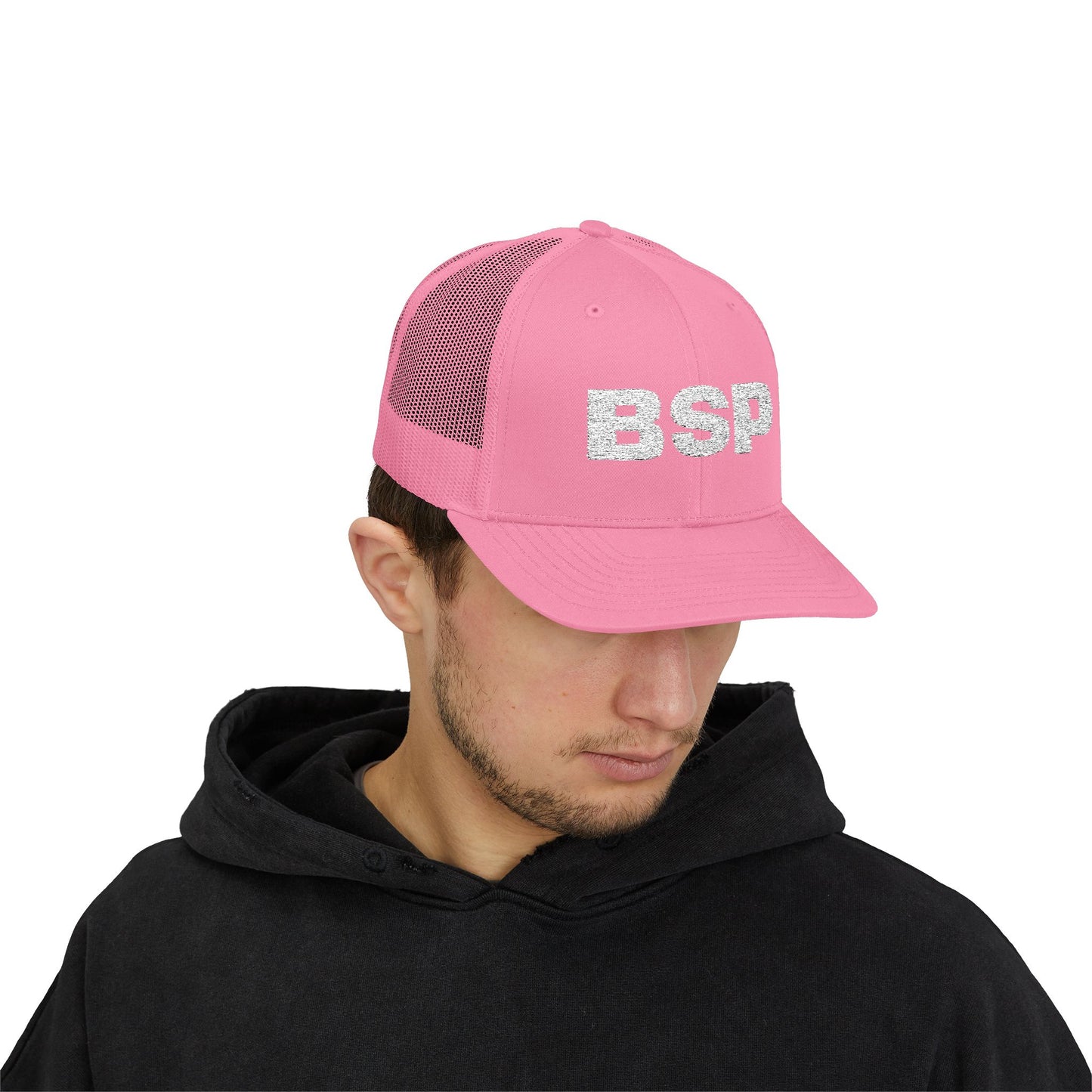 BSP Letters Snapback Cap | Red trucker hat, embroidered logo