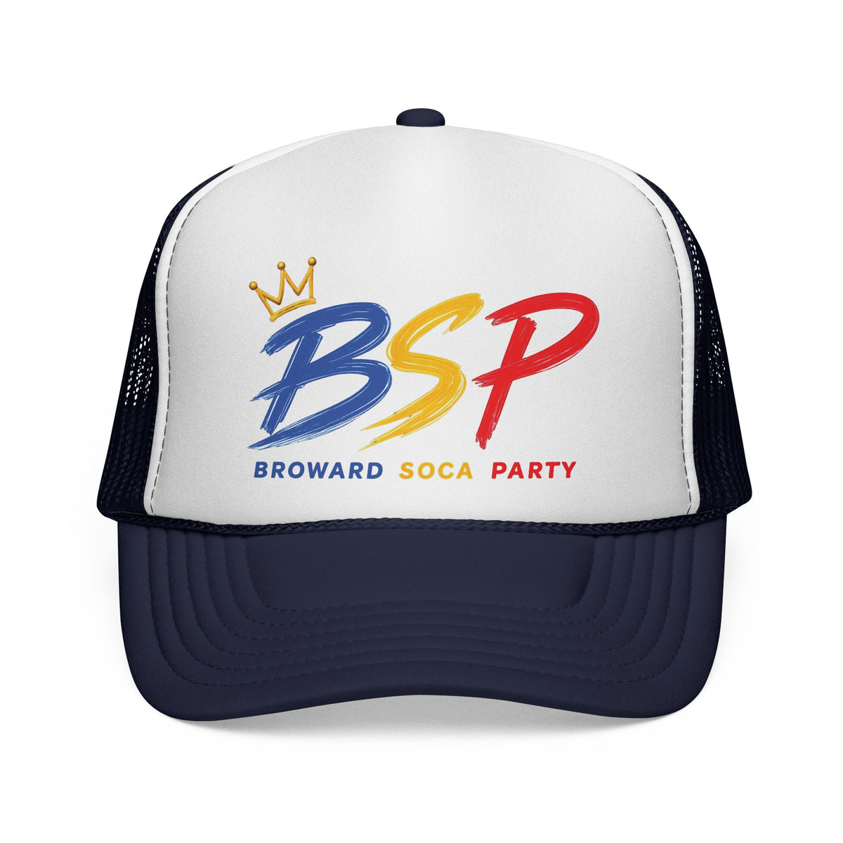 Trucker Cap — Broward Soca Party, Blue, Gold, Red Logo Mesh Hat