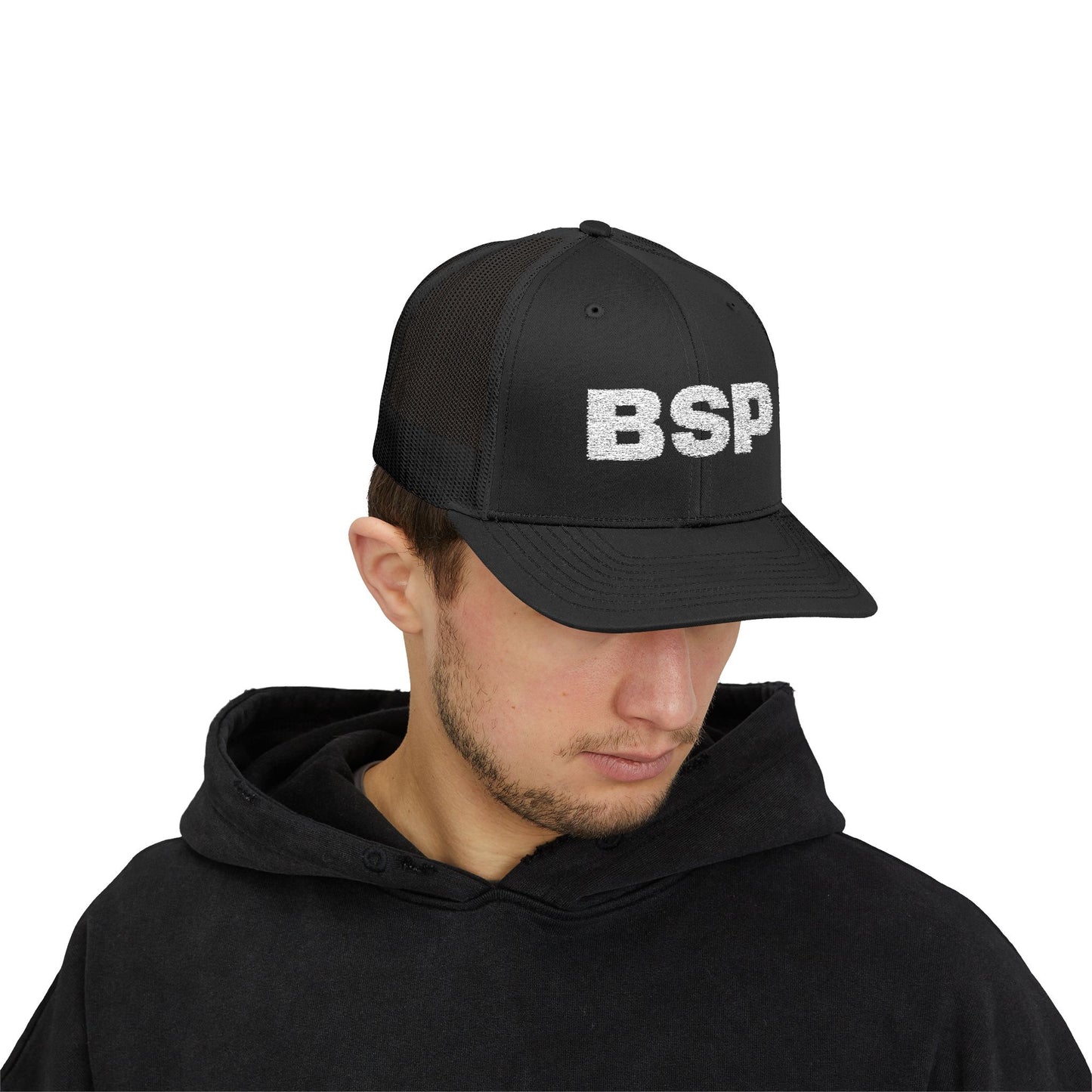 BSP Letters Snapback Cap | Red trucker hat, embroidered logo