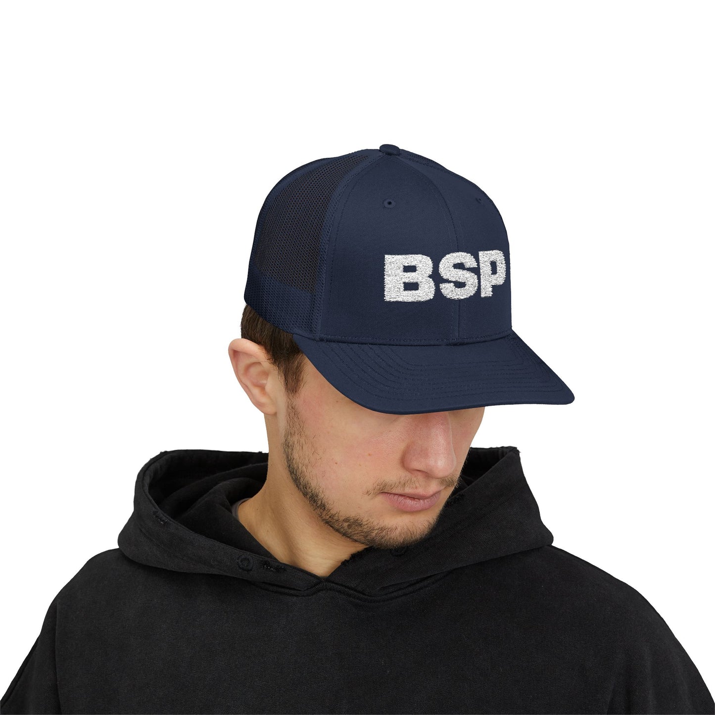 BSP Letters Snapback Cap | Red trucker hat, embroidered logo