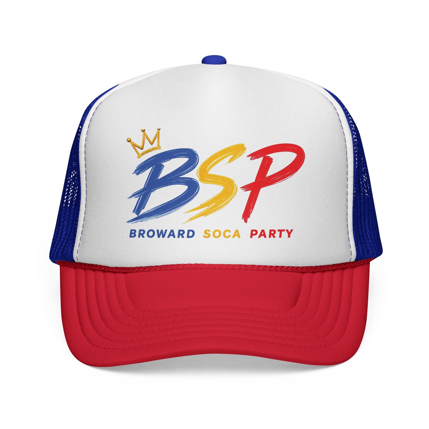 Trucker Cap — Broward Soca Party Blue, Gold, Red Logo Mesh Hat