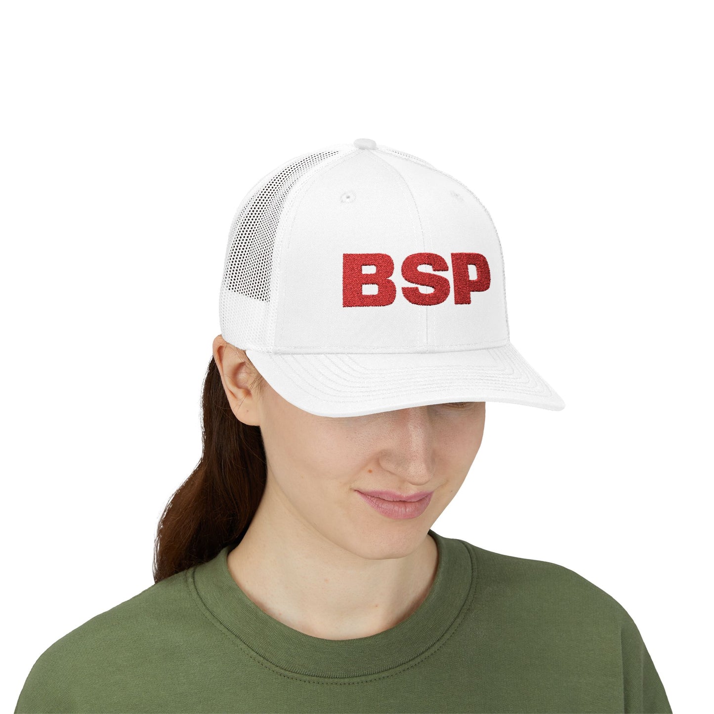 BSP Red Text Snapback Cap | Trucker Hat, Embroidered Lettering