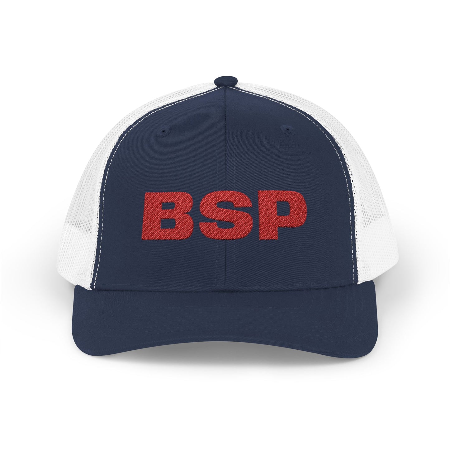 BSP Red Text Snapback Cap | Trucker Hat, Embroidered Lettering