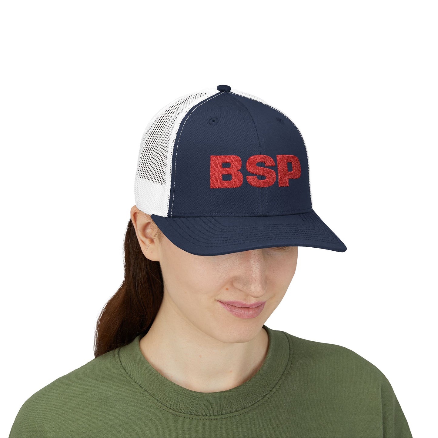 BSP Red Text Snapback Cap | Trucker Hat, Embroidered Lettering