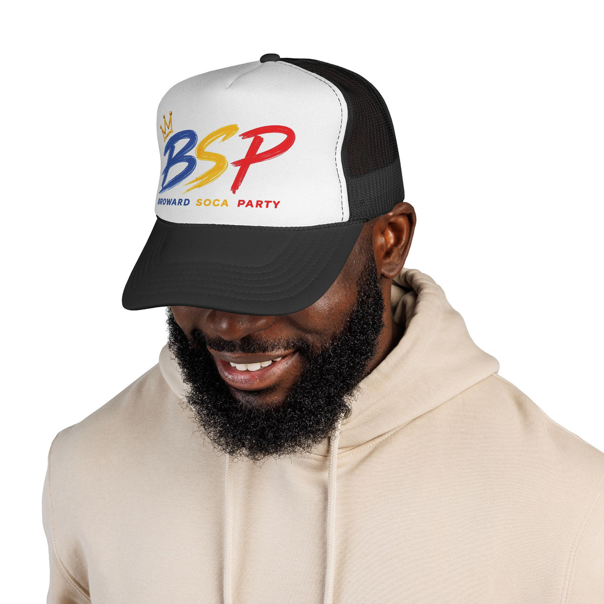 Trucker Cap — Broward Soca Party, Blue, Gold, Red Logo Mesh Hat