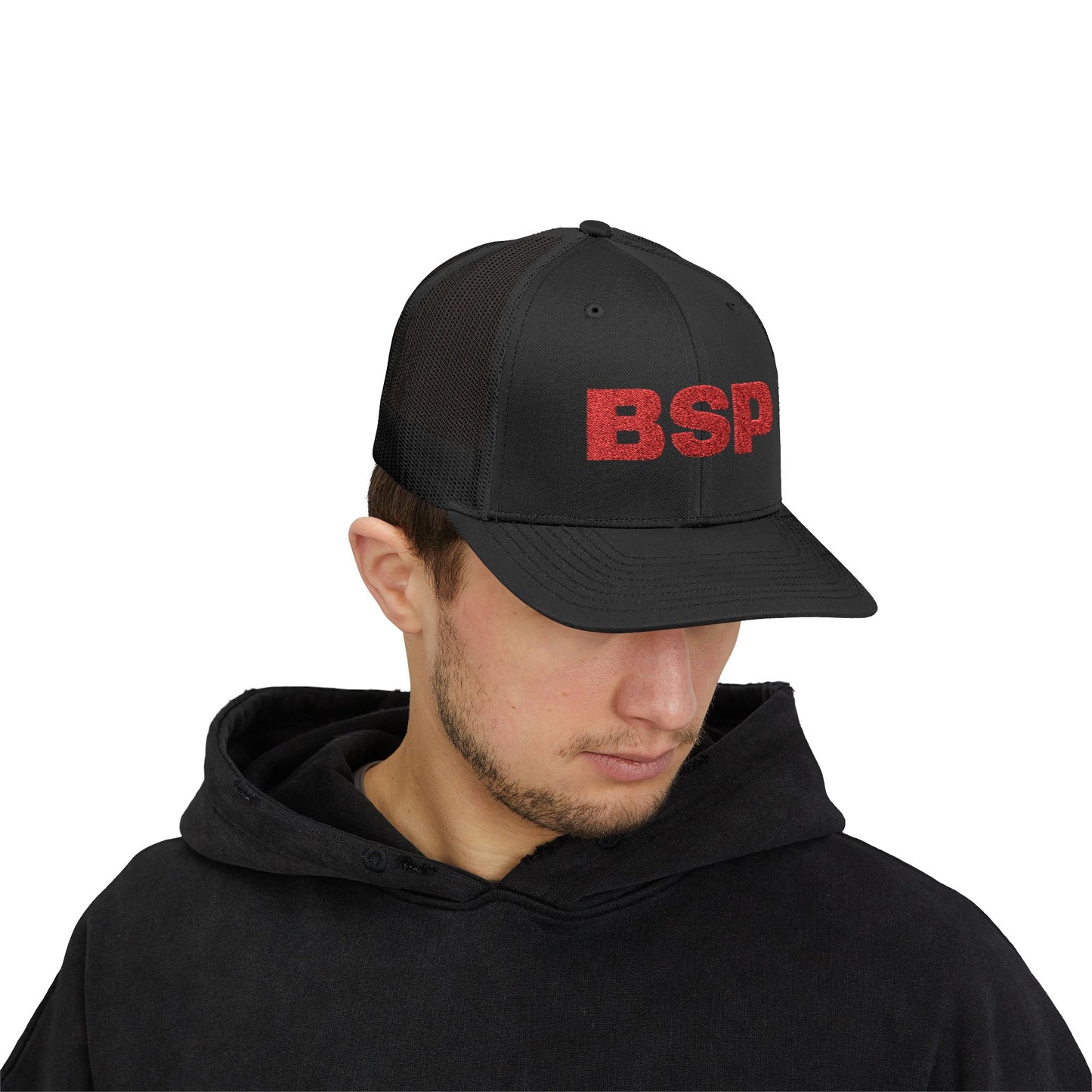 BSP Red Text Snapback Cap | Trucker Hat, Embroidered Lettering